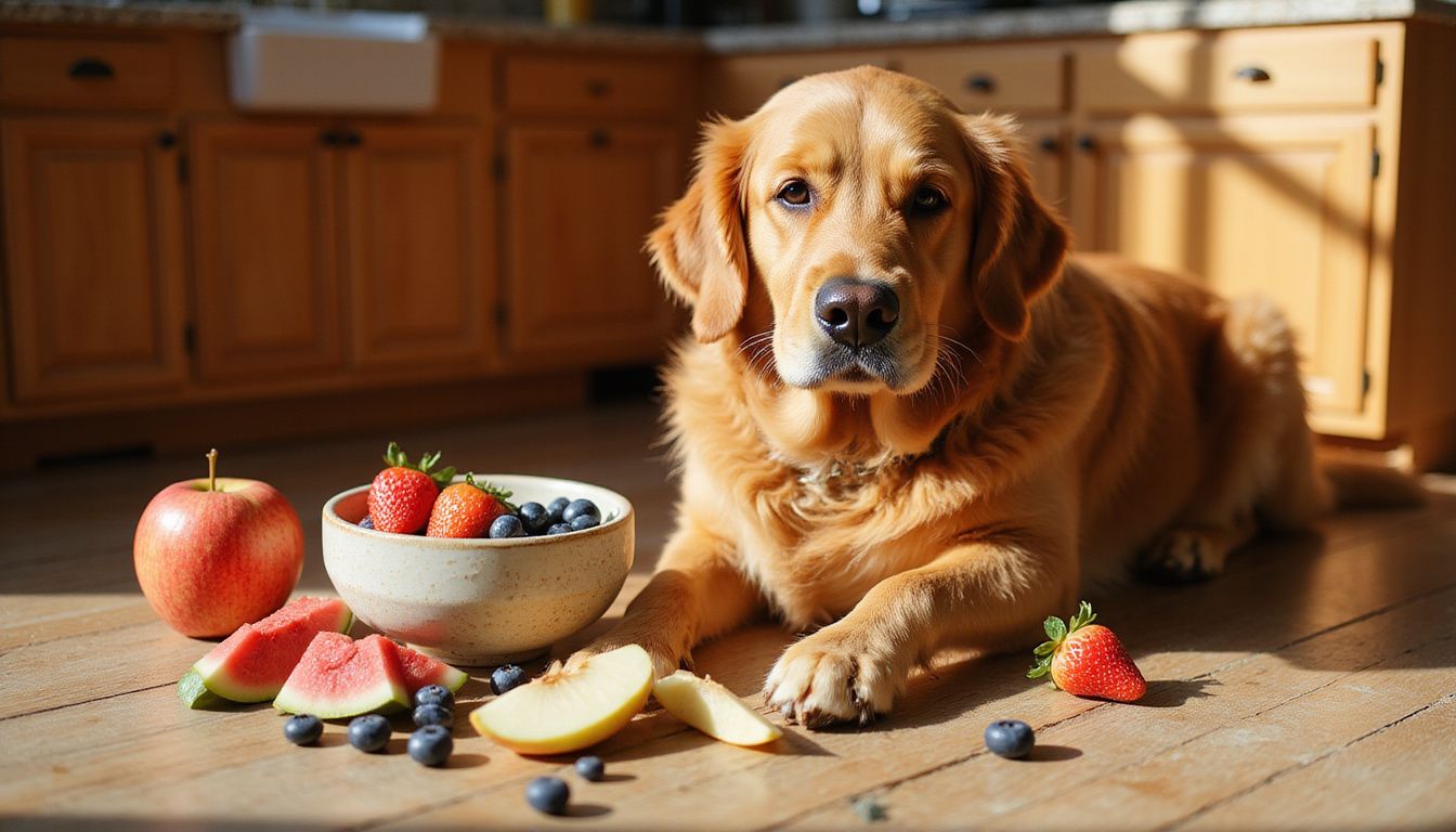 En medelstor Golden Retriever sitter på köksgolvet bland färsk frukt