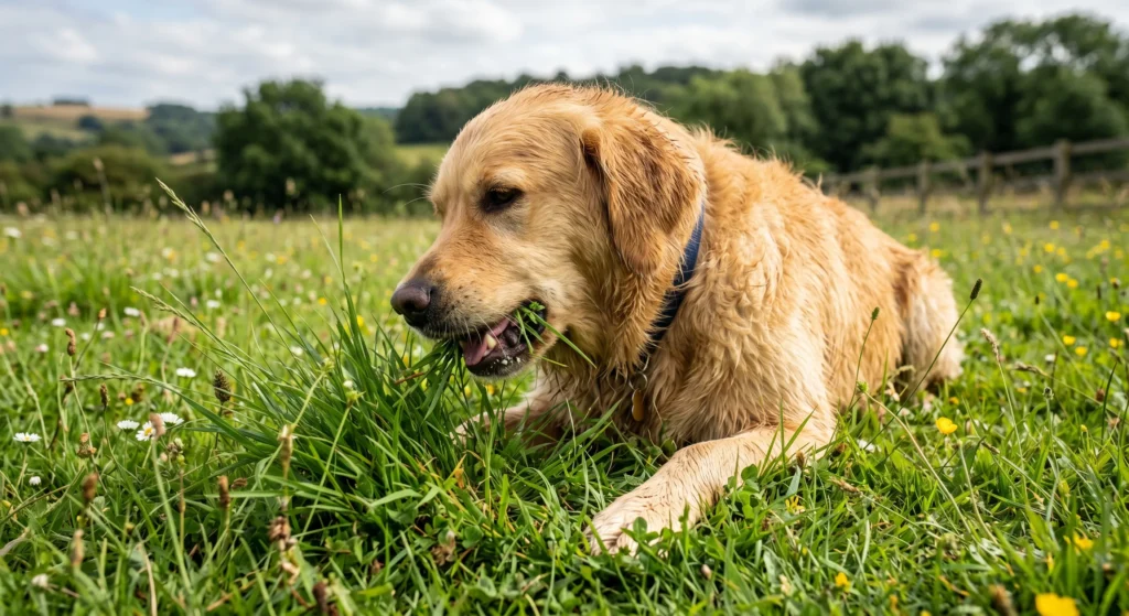 Hund äter gräs